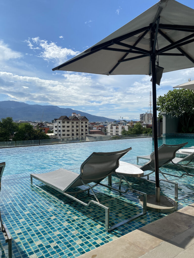 The outdoor pool in the late afternoon
