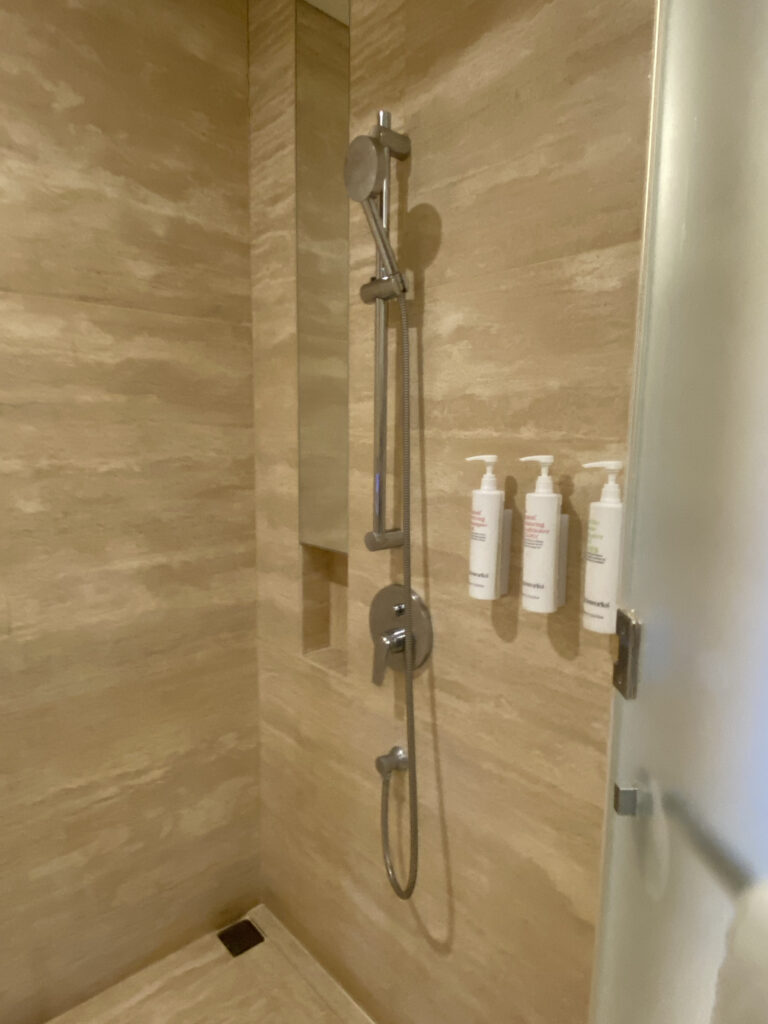 Inside the shower booth. This Works amenities (shampoo, conditioner, body wash), all in one
