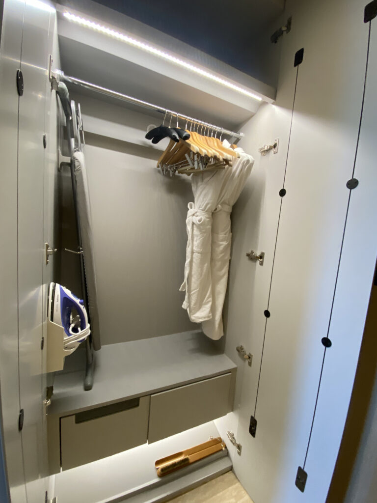 The closet. Two fluffy gowns, an iron and ironing board, spare hangers