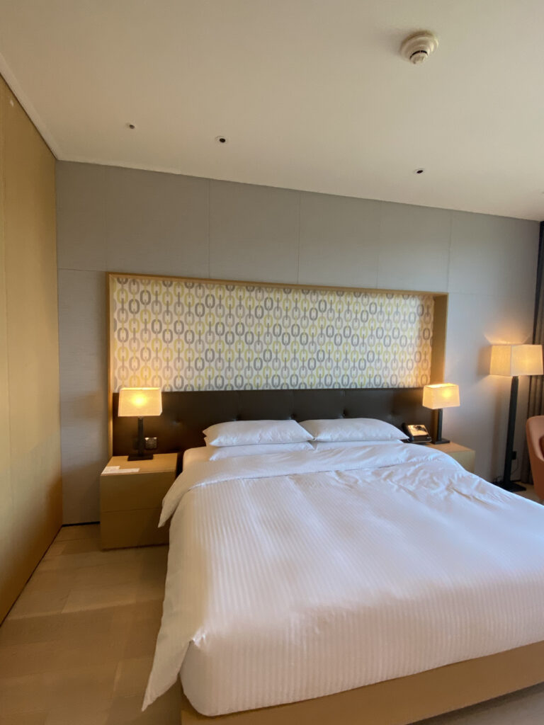 Front view of the bed. Patterned headboard, side tables, neatly made bedding