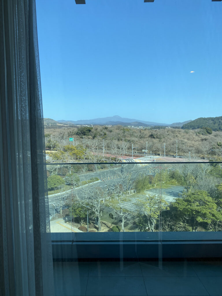 The view from the room. Blue sky, distant mountain ridges, and green fields