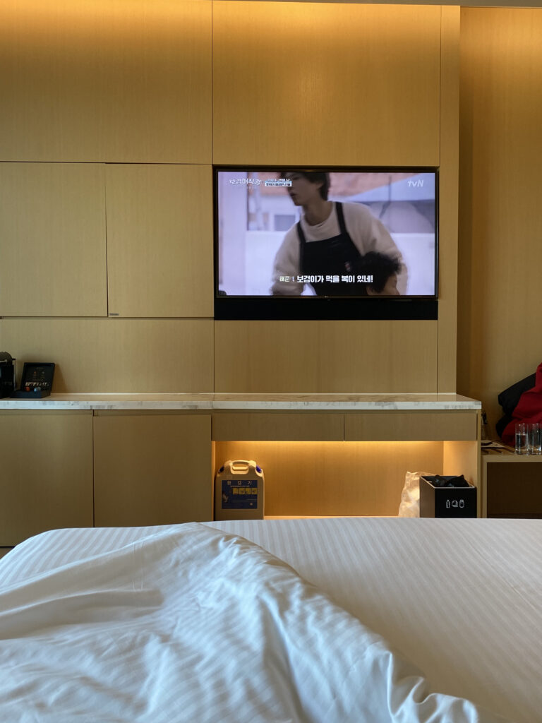 The TV as seen from the bed. tvN was on, and the bedding is already rumpled from our dive
