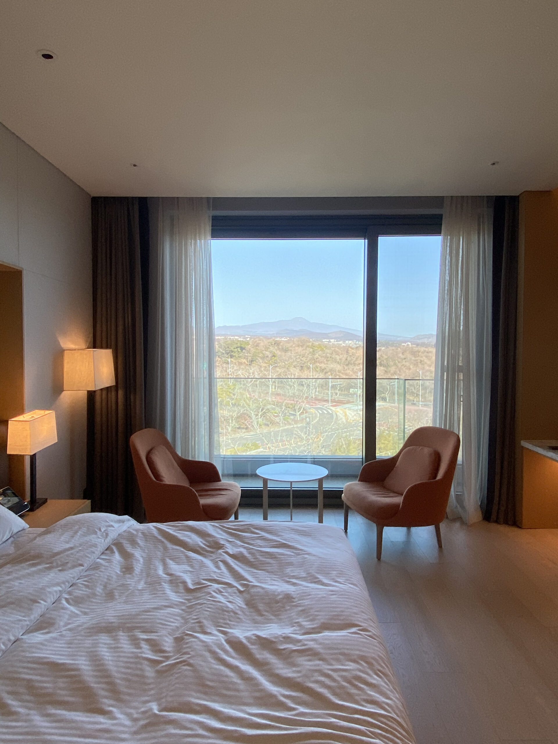 Room overview. King bed, two armchairs with a tea table, and full windows