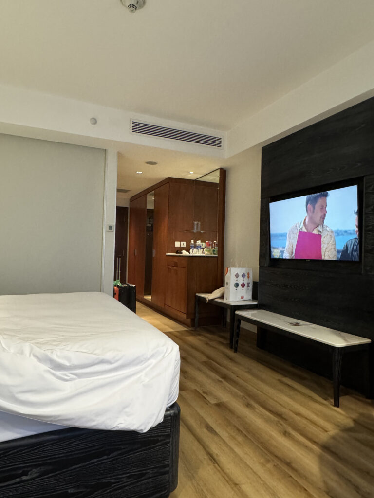 The room at a glance. Wood-tone furniture, a wall-mounted TV, and a calm mood