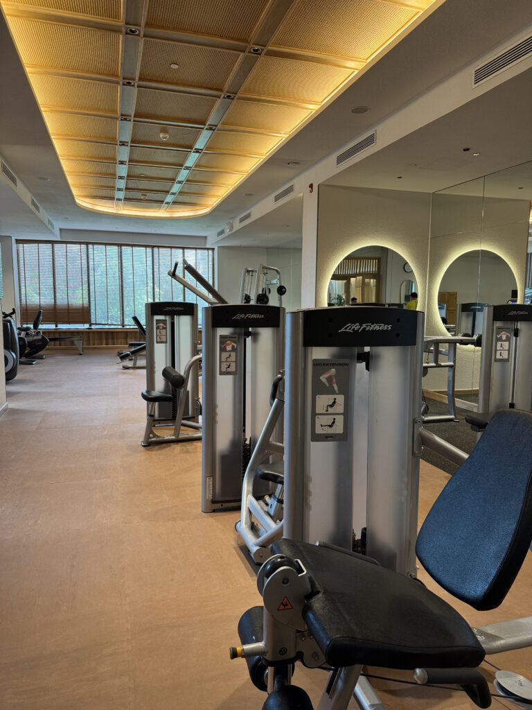 The fitness center. Life Fitness machines lined up